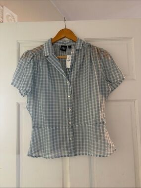 GAP Light Blue Gingham Puff Sleeve Button-Front Blouse